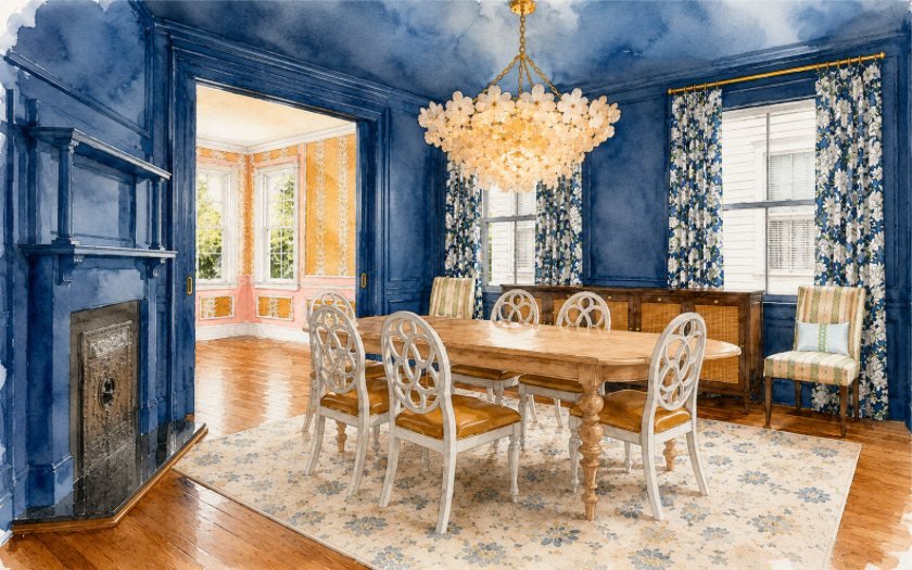 Watercolor rendering of the Sumtner House dining room — navy paneled walls, capiz chandelier, and floral drapery
